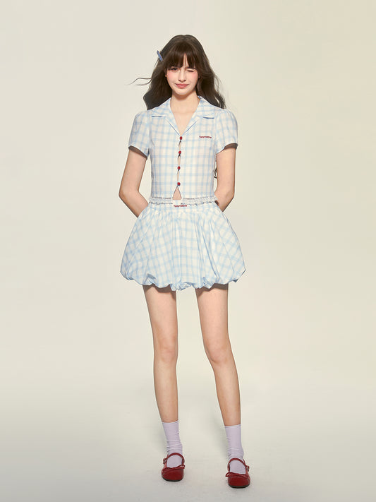 Plaid Embroidered Open Collar Shirt And Balloon Skirt