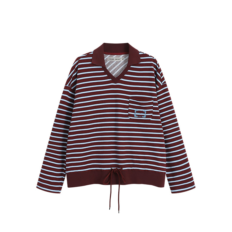 Embroidered Collared V-Neck Striped Shirt