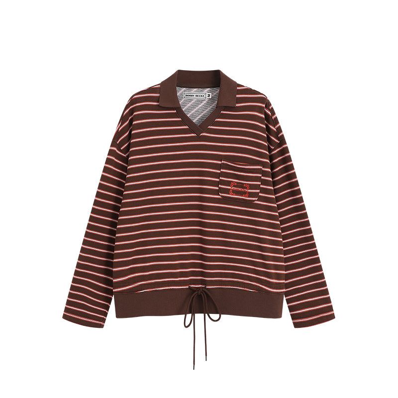 Embroidered Collared V-Neck Striped Shirt