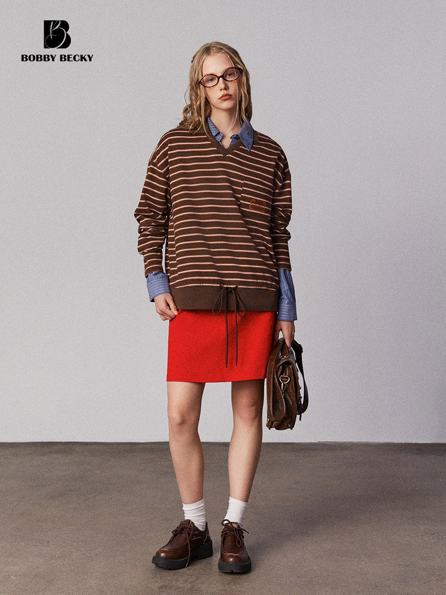 Embroidered Collared V-Neck Striped Shirt