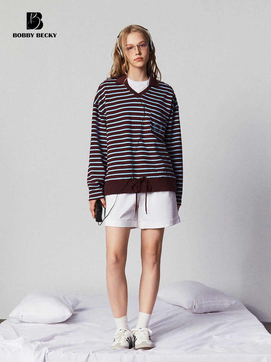 Embroidered Collared V-Neck Striped Shirt