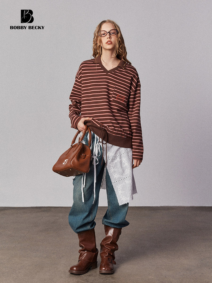 Embroidered Collared V-Neck Striped Shirt