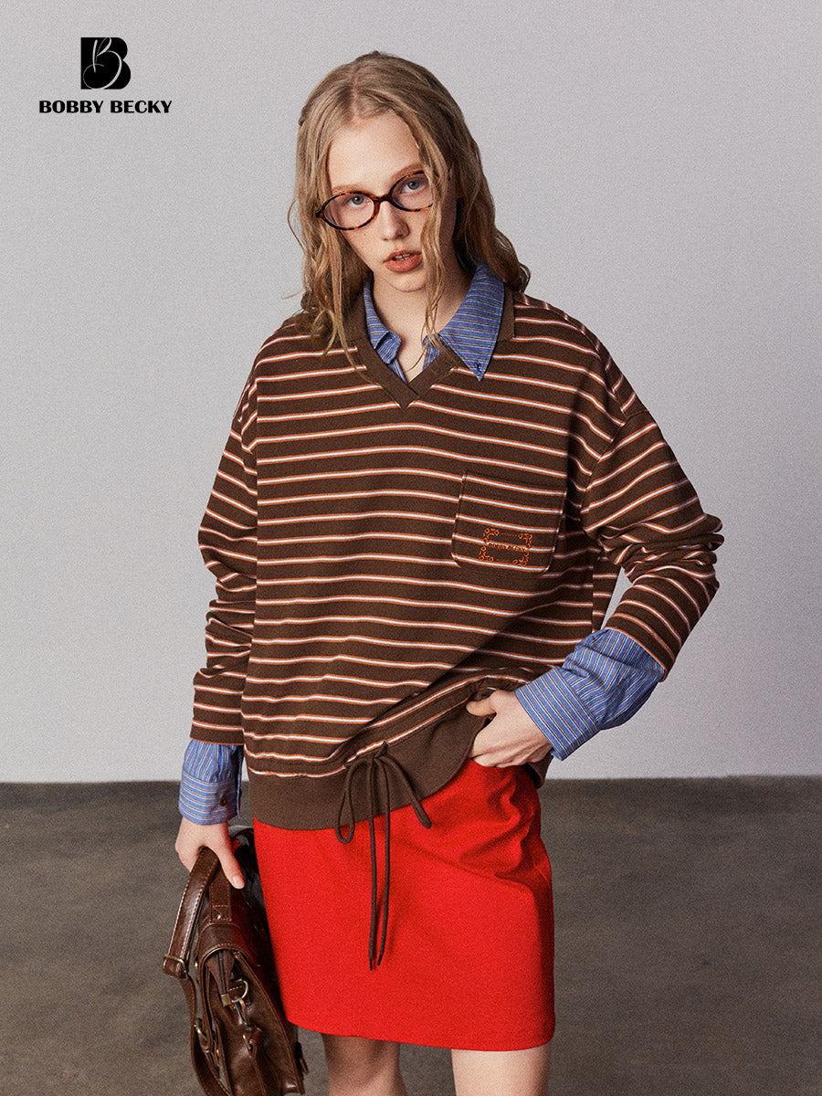 Embroidered Collared V-Neck Striped Shirt