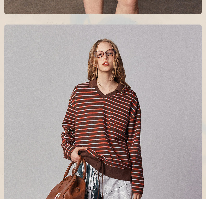 Embroidered Collared V-Neck Striped Shirt