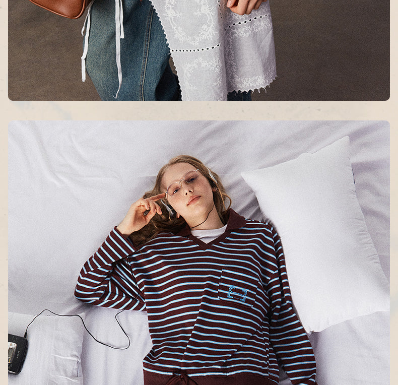 Embroidered Collared V-Neck Striped Shirt