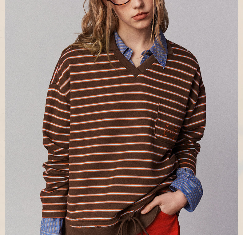 Embroidered Collared V-Neck Striped Shirt