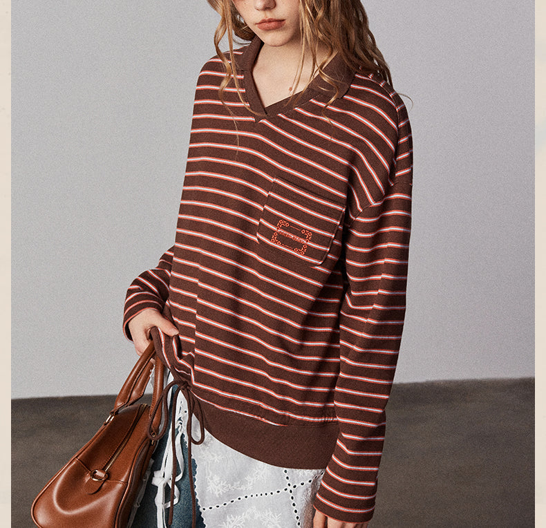 Embroidered Collared V-Neck Striped Shirt