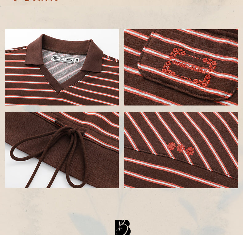 Embroidered Collared V-Neck Striped Shirt