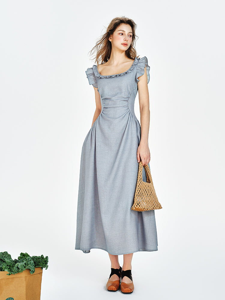 Square Neck Fitted Draped Dress With Butterfly Sleeves