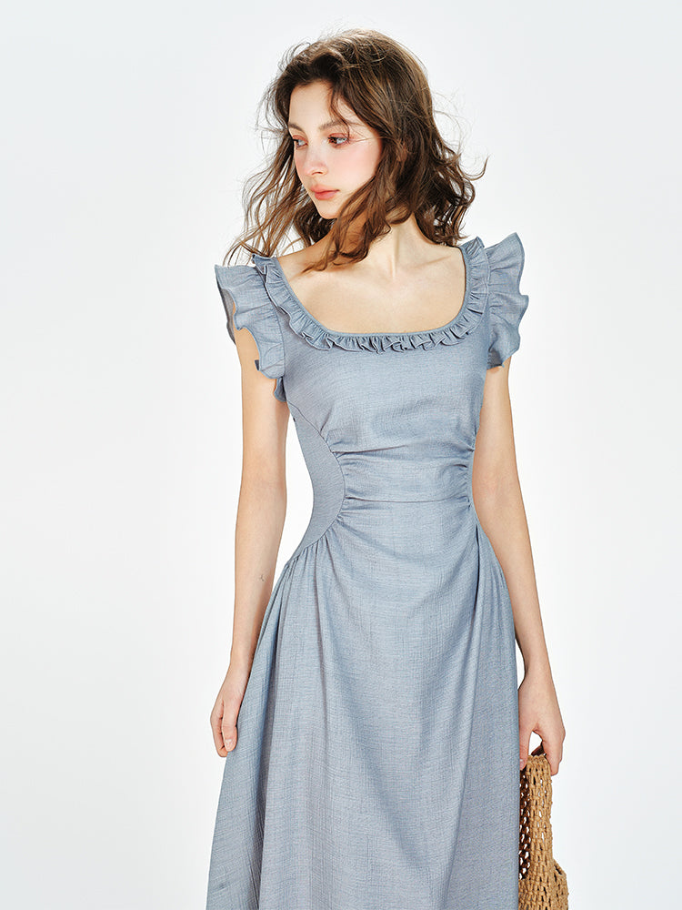 Square Neck Fitted Draped Dress With Butterfly Sleeves