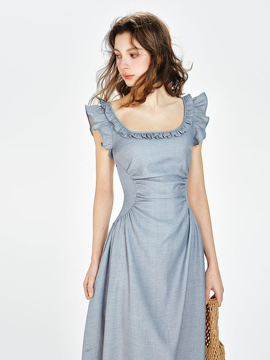 Square Neck Fitted Draped Dress With Butterfly Sleeves