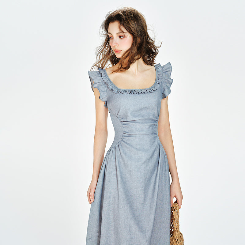 Square Neck Fitted Draped Dress With Butterfly Sleeves