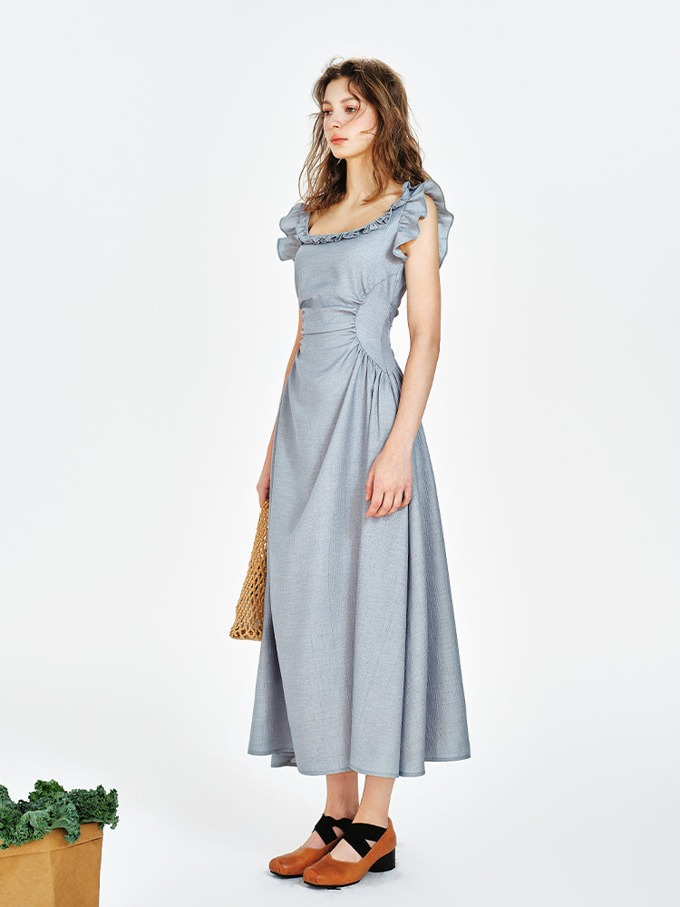 Square Neck Fitted Draped Dress With Butterfly Sleeves