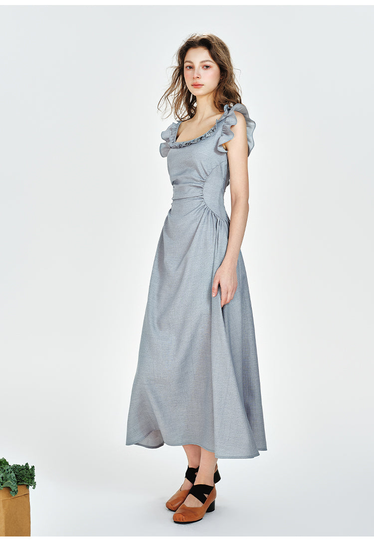 Square Neck Fitted Draped Dress With Butterfly Sleeves
