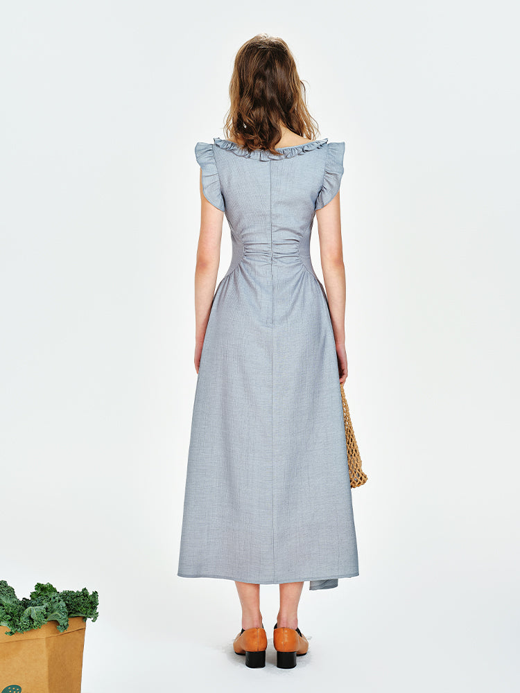 Square Neck Fitted Draped Dress With Butterfly Sleeves