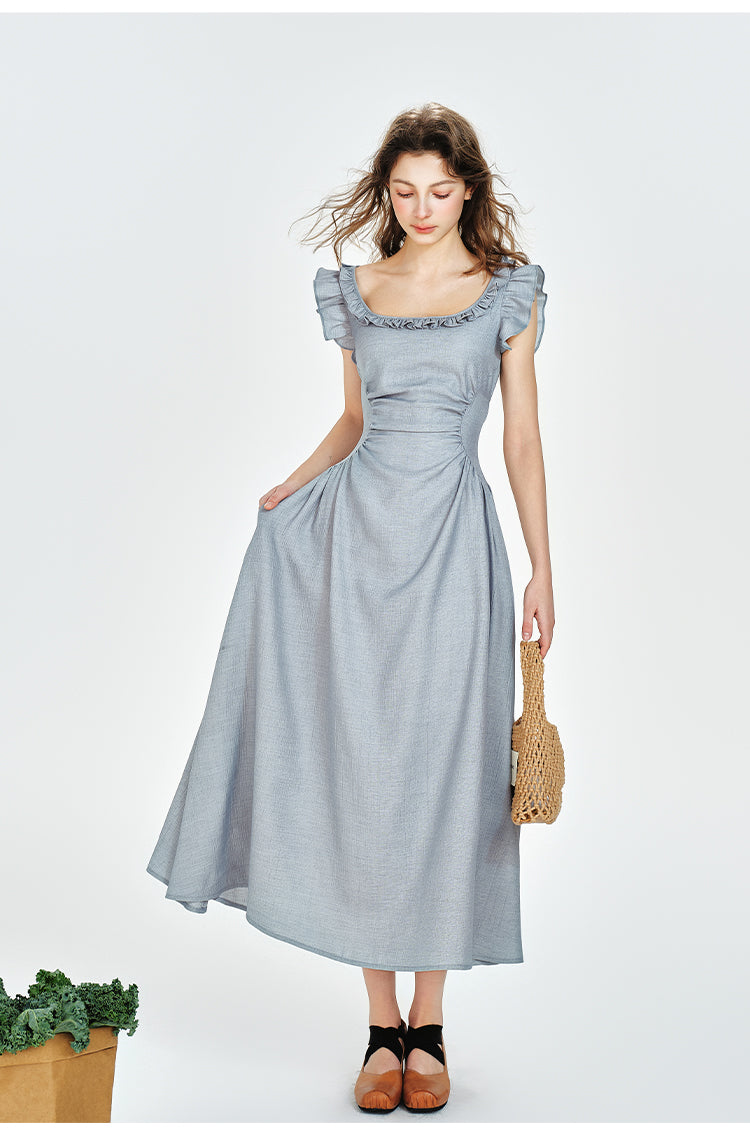 Square Neck Fitted Draped Dress With Butterfly Sleeves