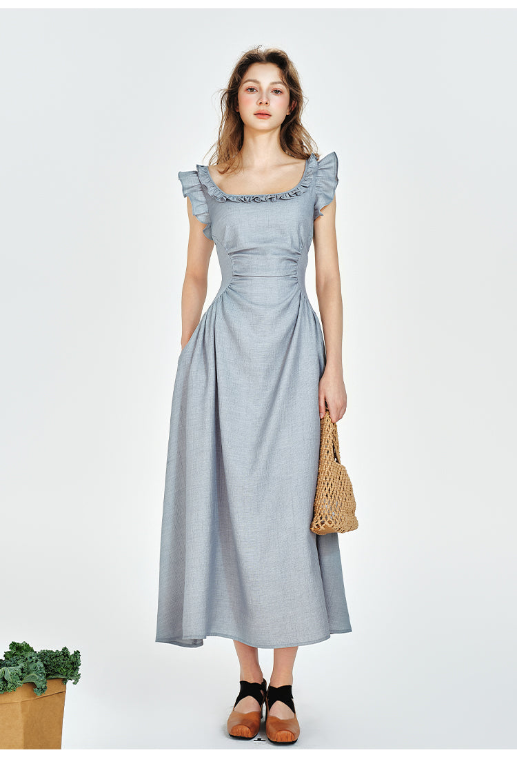 Square Neck Fitted Draped Dress With Butterfly Sleeves