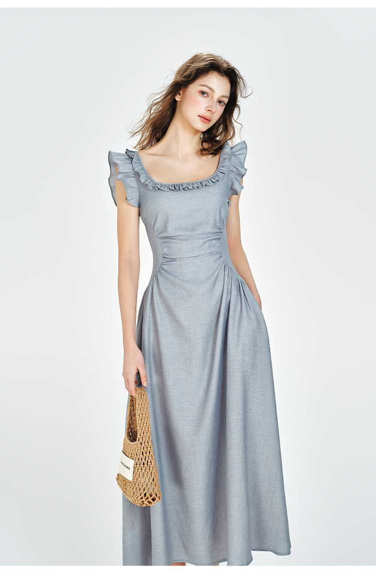 Square Neck Fitted Draped Dress With Butterfly Sleeves