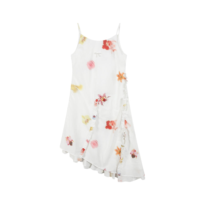 Blurred Floral Strap Dress With Beaded Bow