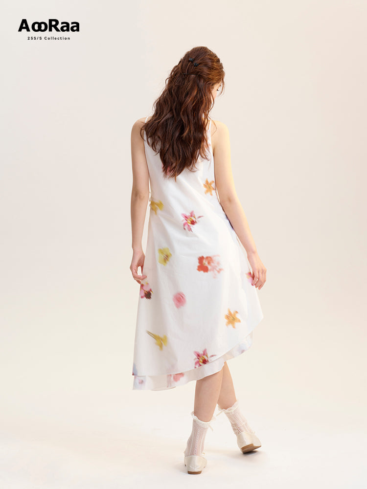 Blurred Floral Strap Dress With Beaded Bow