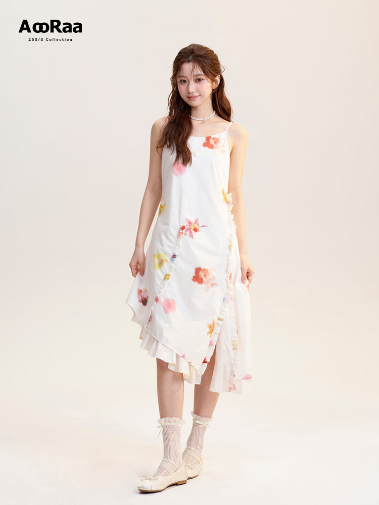 Blurred Floral Strap Dress With Beaded Bow