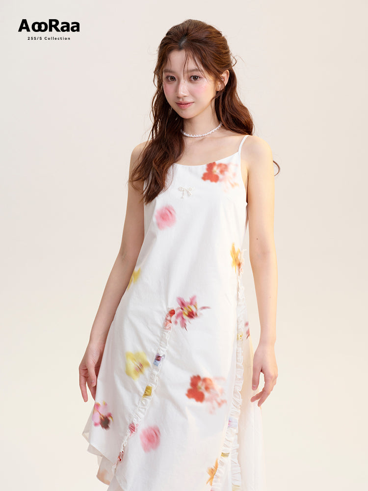 Blurred Floral Strap Dress With Beaded Bow