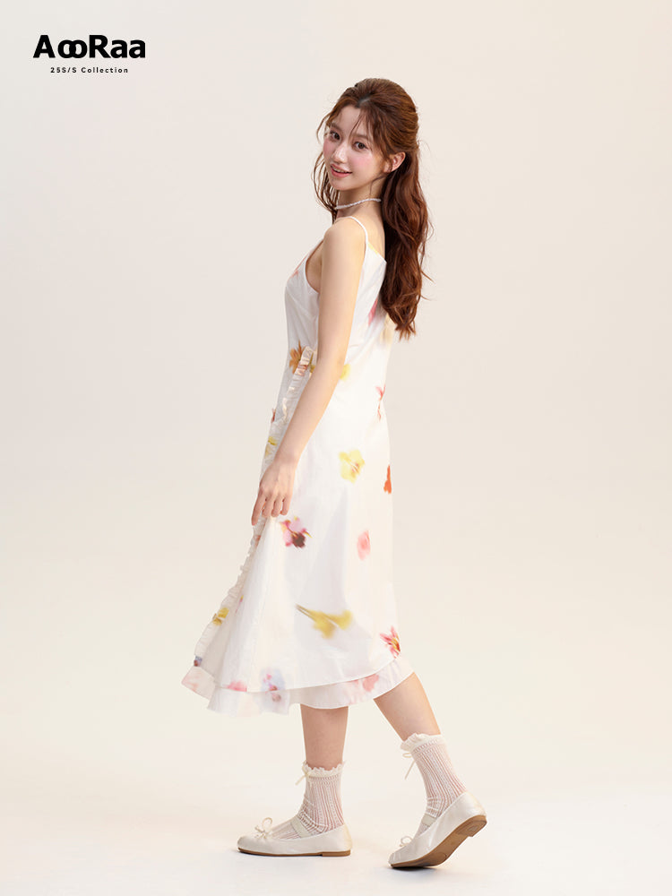 Blurred Floral Strap Dress With Beaded Bow