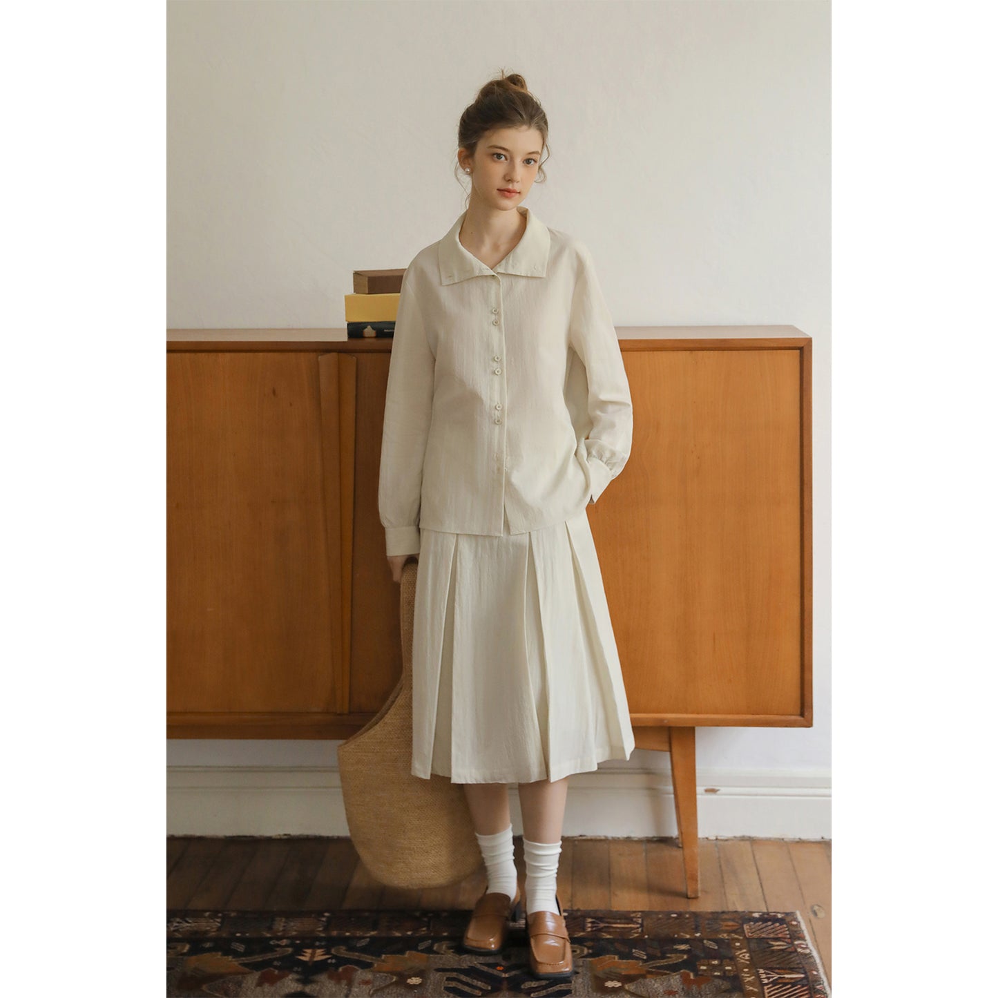 Paired-Button Shirt & Pleated Midi Skirt