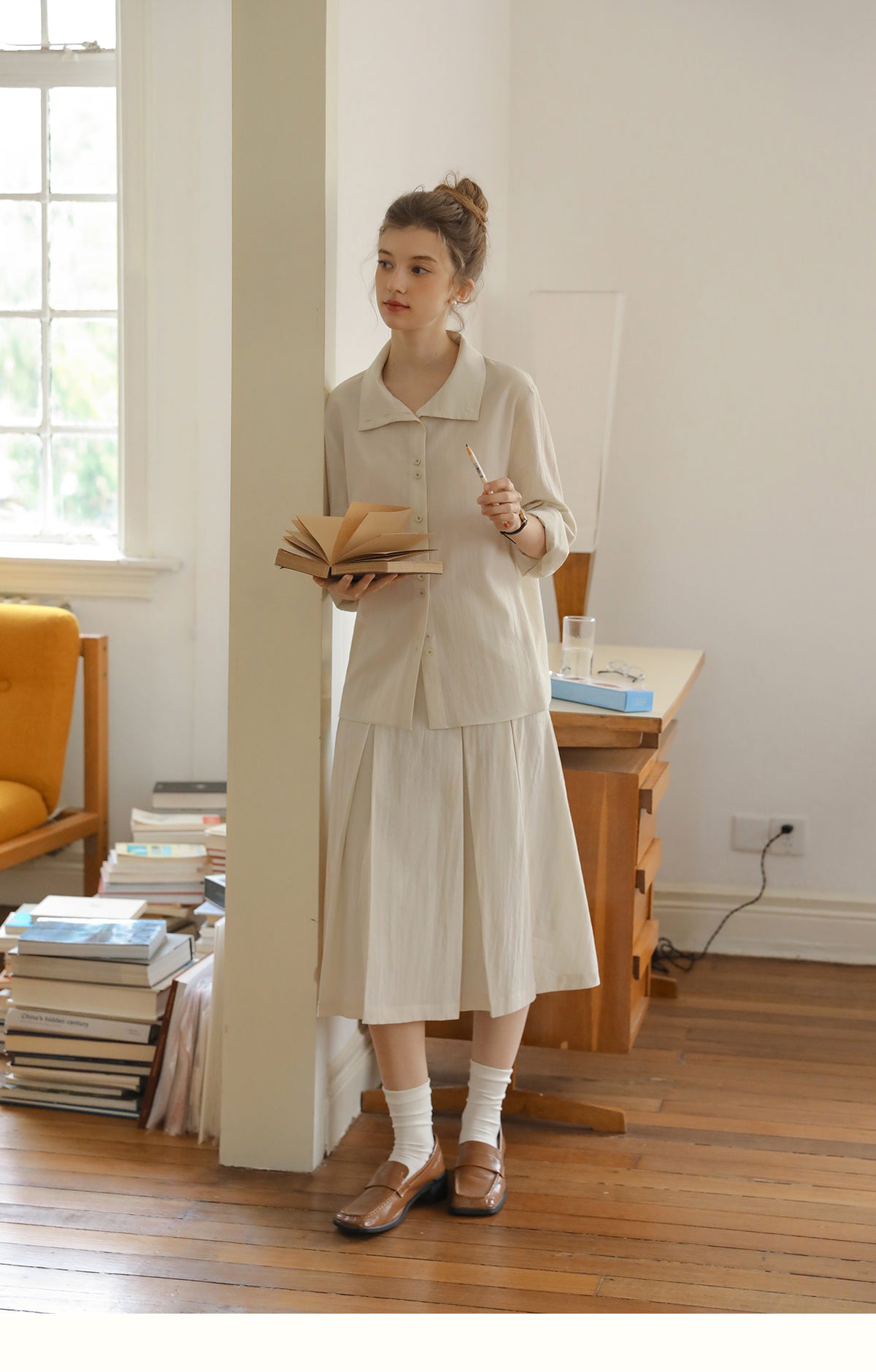Paired-Button Shirt & Pleated Midi Skirt