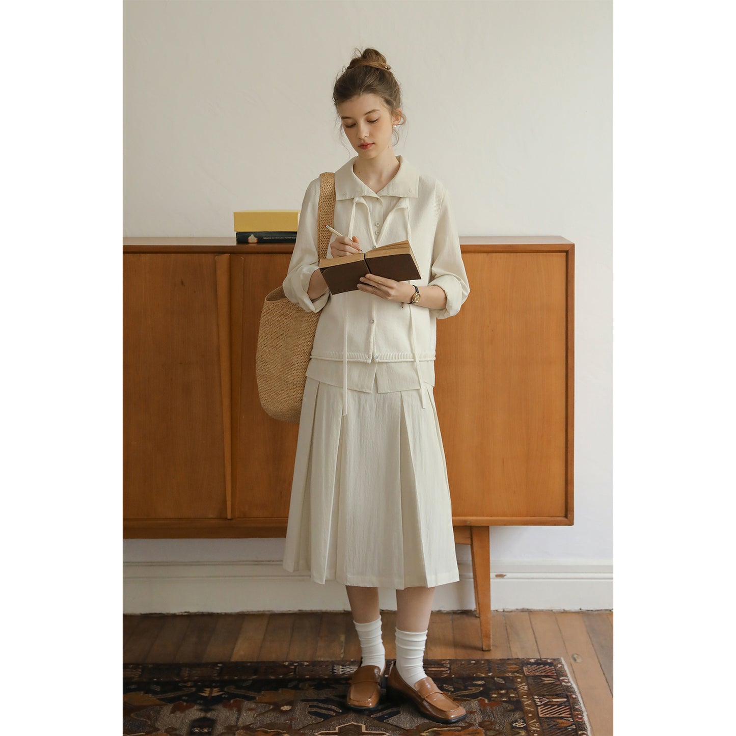 Paired-Button Shirt & Pleated Midi Skirt