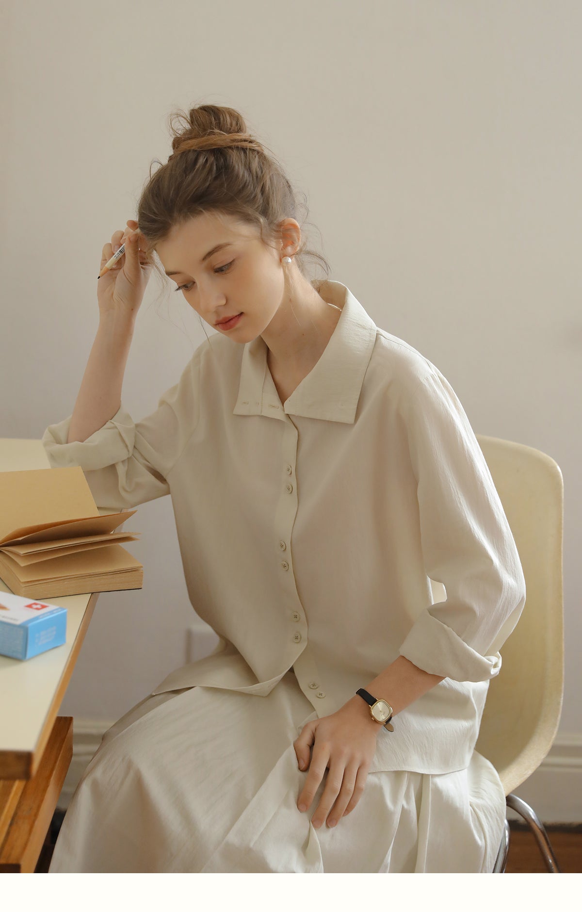 Paired-Button Shirt & Pleated Midi Skirt