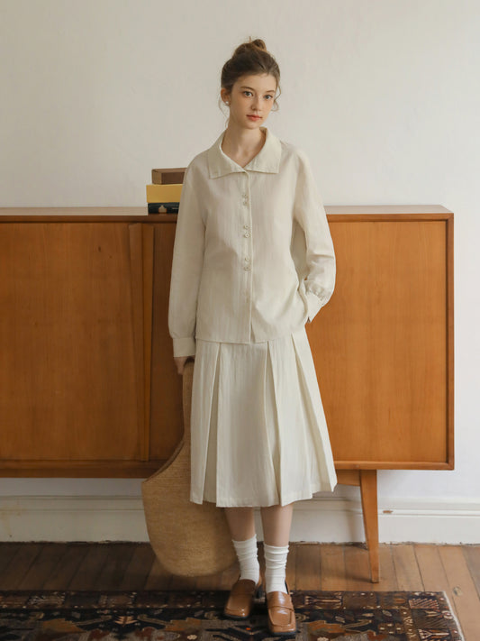 Paired-Button Shirt & Pleated Midi Skirt