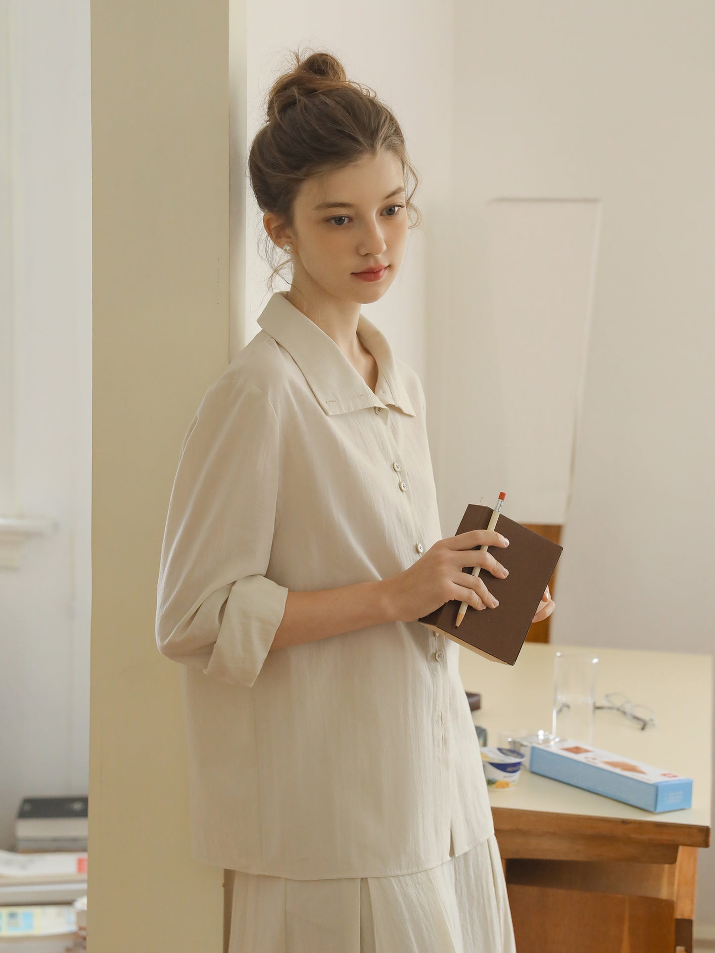 Paired-Button Shirt & Pleated Midi Skirt