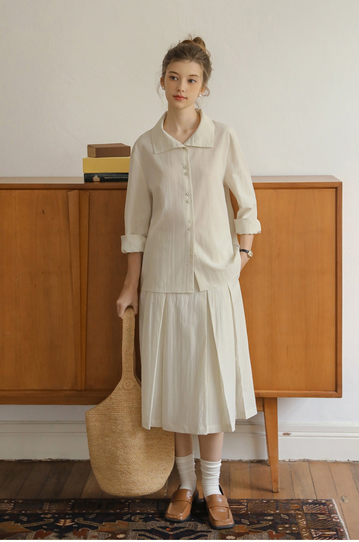 Paired-Button Shirt & Pleated Midi Skirt