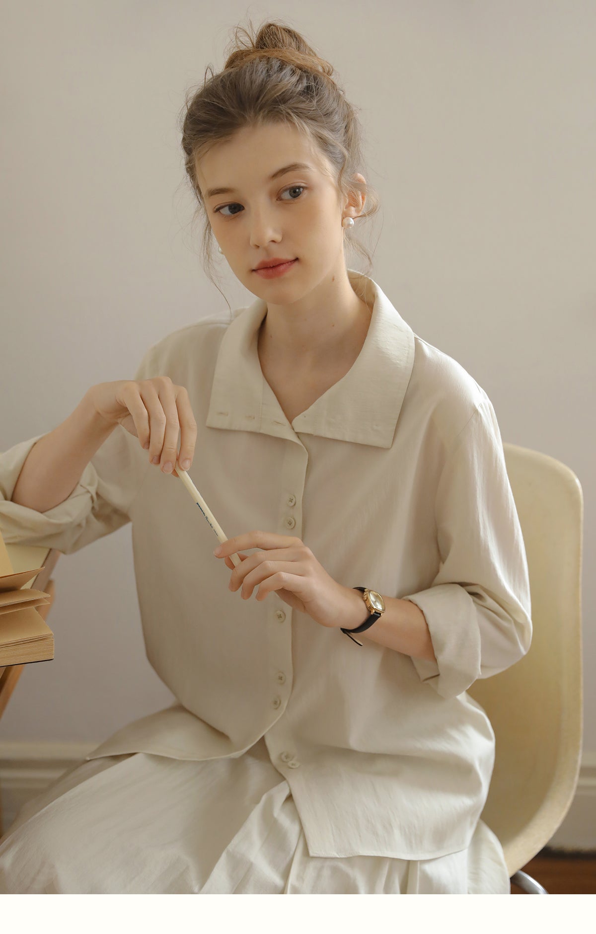Paired-Button Shirt & Pleated Midi Skirt