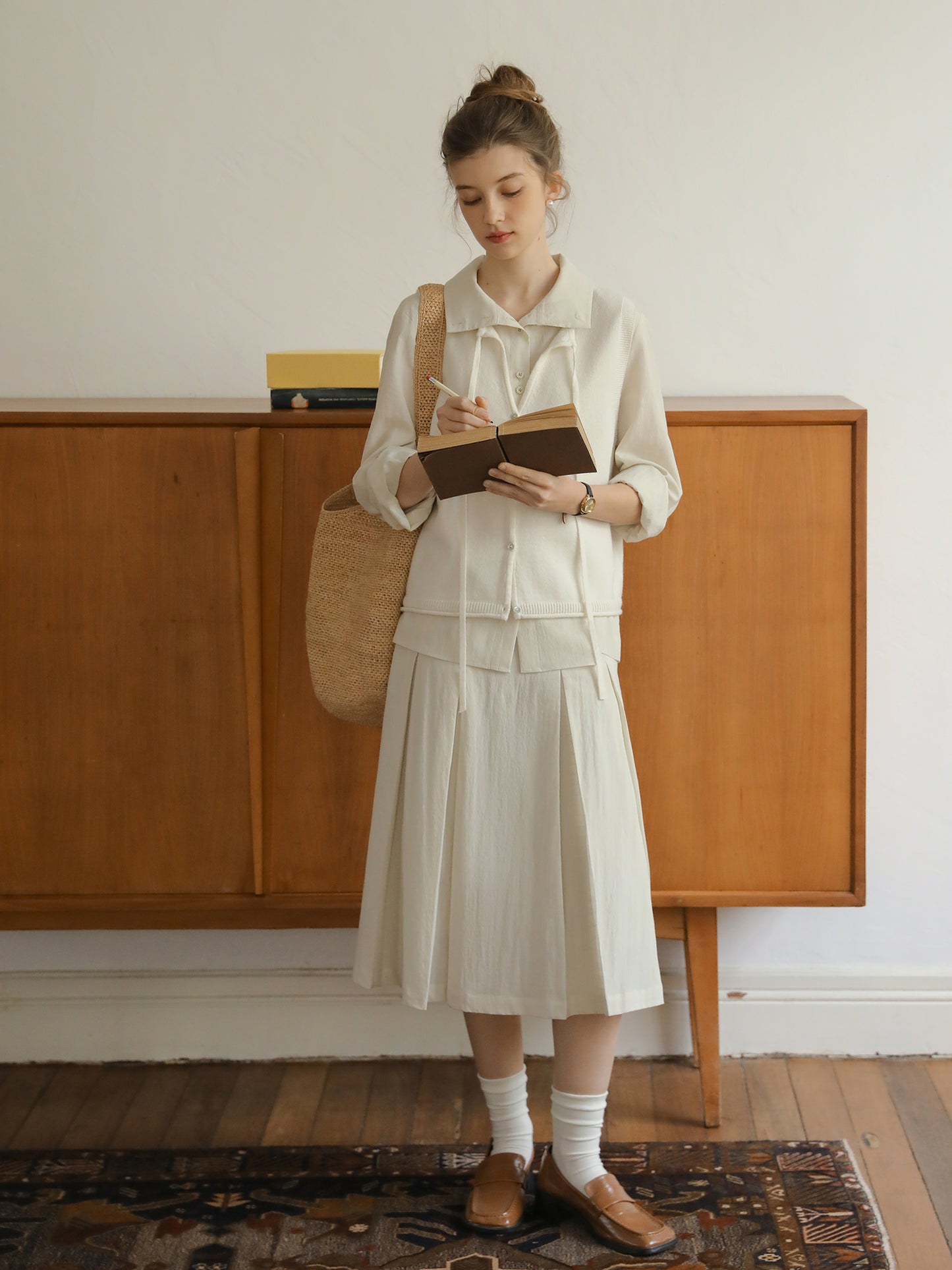 Paired-Button Shirt & Pleated Midi Skirt