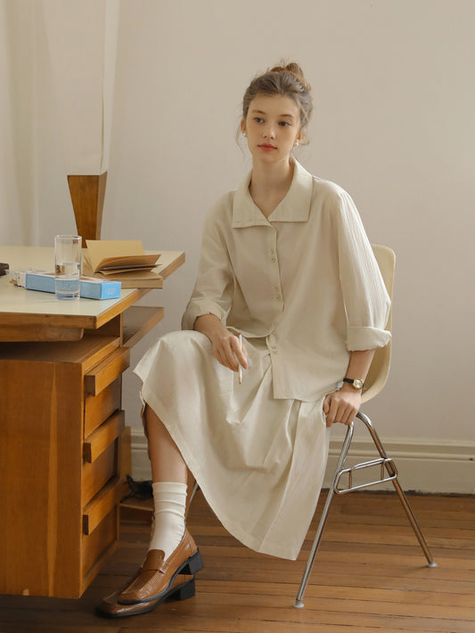 Paired-Button Shirt & Pleated Midi Skirt