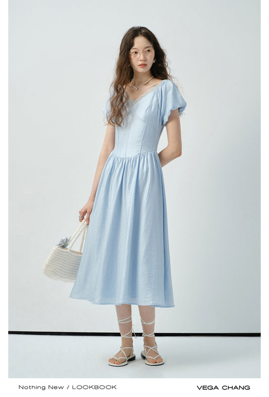 Lace-Trimmed Bubble Sleeve Dress In Lyocell Blend