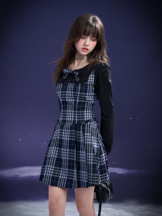 Peter Pan Collar Plaid Faux Layered Pleated Dress