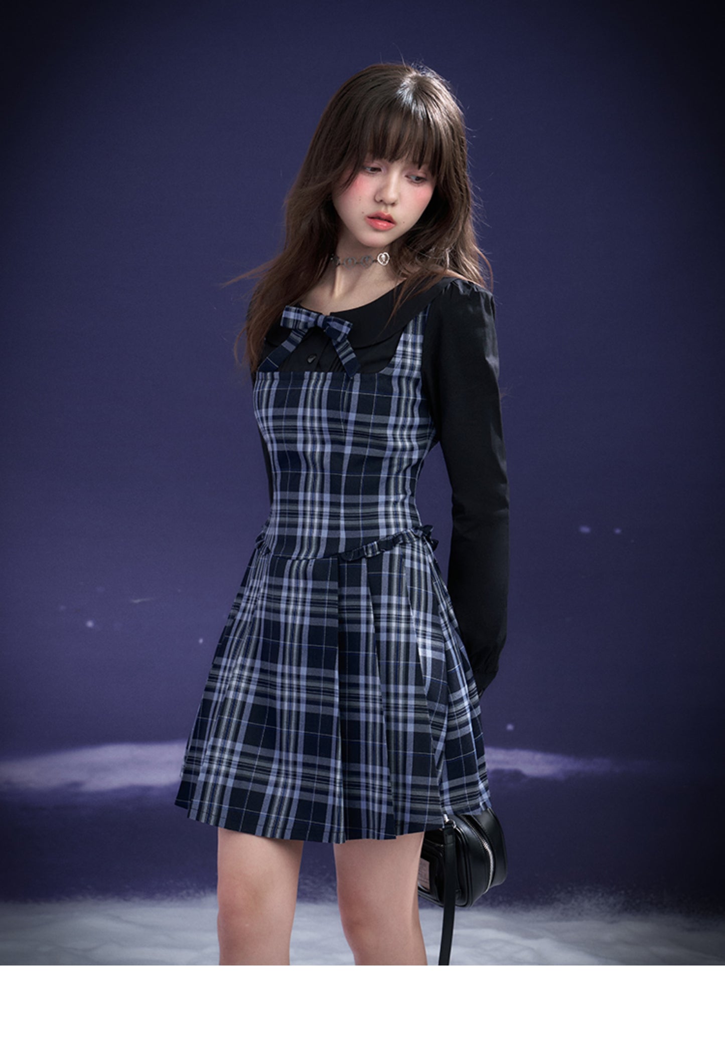 Peter Pan Collar Plaid Faux Layered Pleated Dress