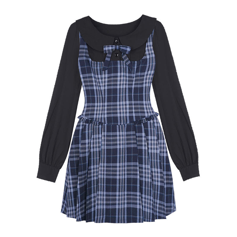 Peter Pan Collar Plaid Faux Layered Pleated Dress