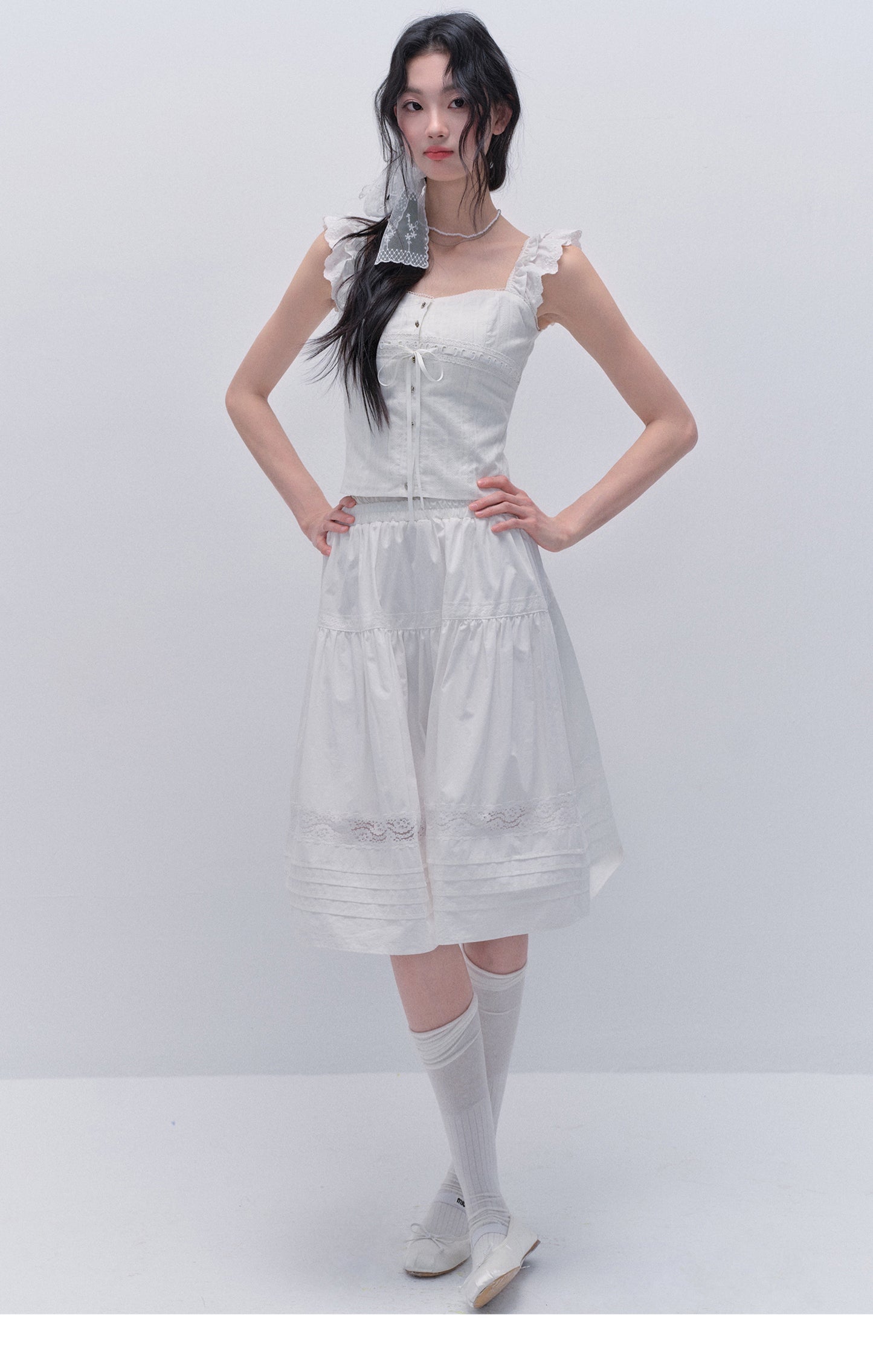 Cotton Lace Sleeveless Button-Up Top And Matching Skirt