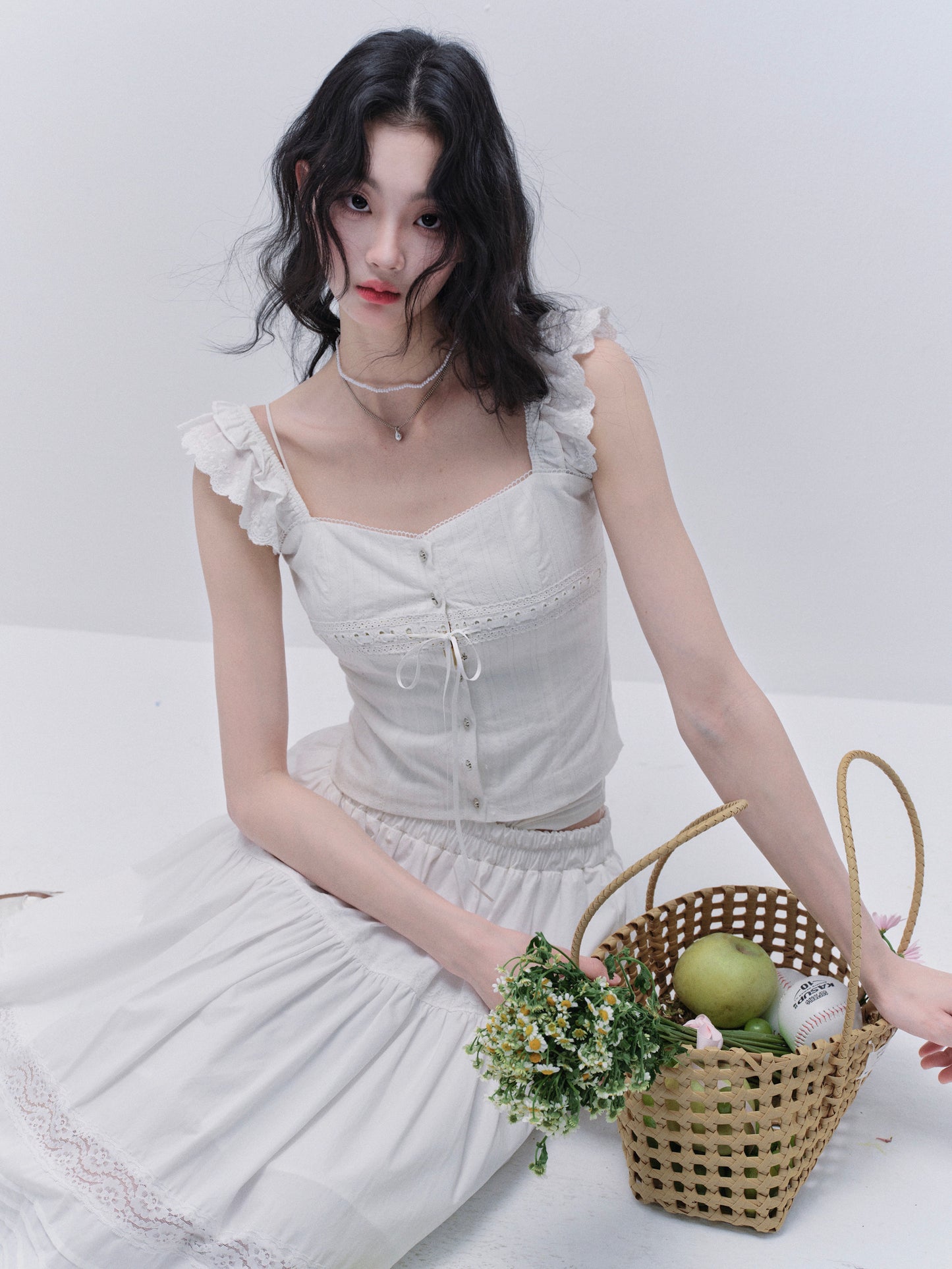 Cotton Lace Sleeveless Button-Up Top And Matching Skirt