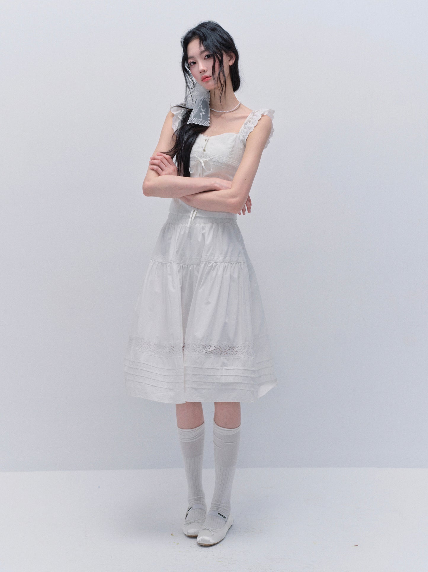 Cotton Lace Sleeveless Button-Up Top And Matching Skirt