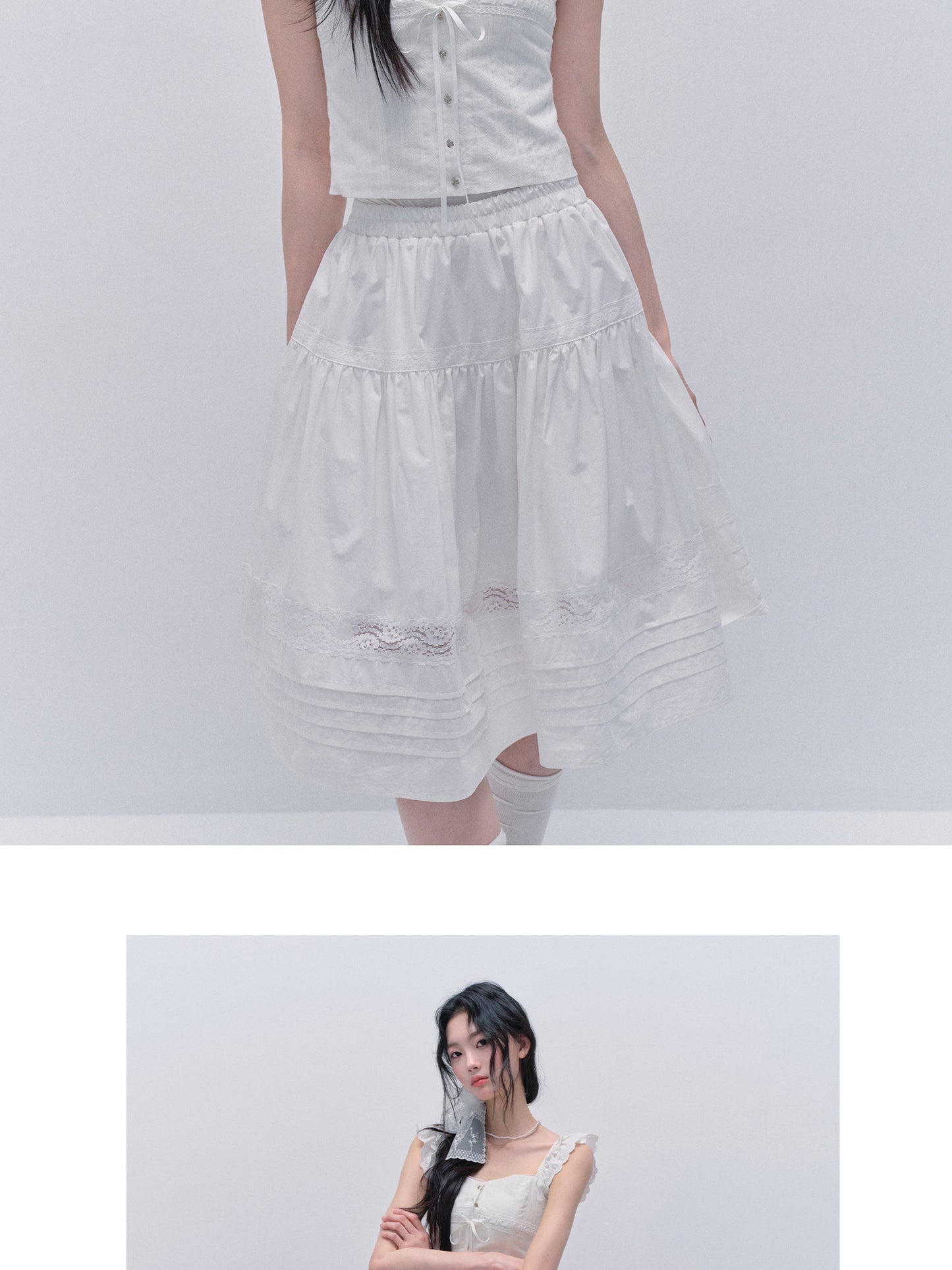 Cotton Lace Sleeveless Button-Up Top And Matching Skirt