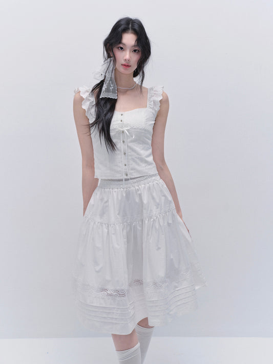 Cotton Lace Sleeveless Button-Up Top And Matching Skirt