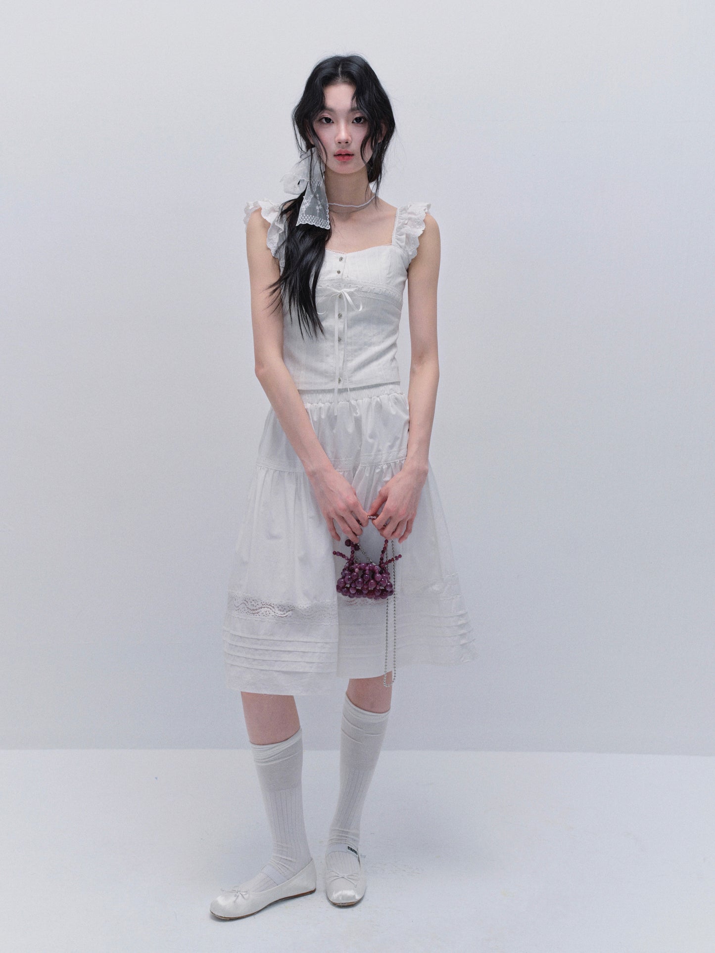 Cotton Lace Sleeveless Button-Up Top And Matching Skirt