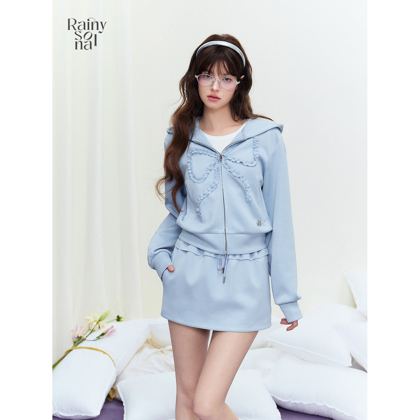 Ruffle-Ribbon Bow Hoodie & Matching Skirt