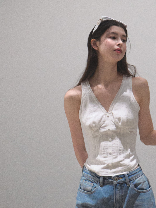 Sleeveless V-Neck Cotton Blouse