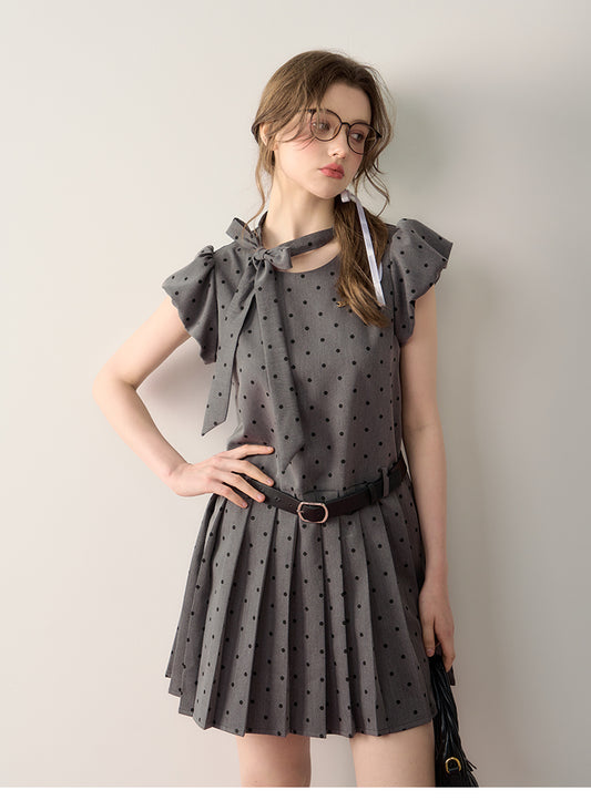 Bubble Sleeve Pleated Dot Dress With Ribbon
